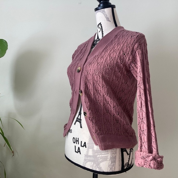 Pointelle Cardigan, Mauve Knit Sweater, Button Up Cardi, Vintage-Style - Picture 5 of 7